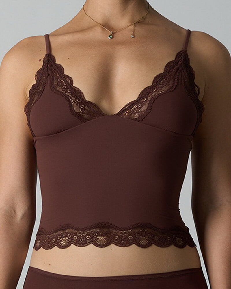 NURO Women's Adjustable Lace Deep V-Neck Camisole, Stretchy Knit Cropped Tank Top