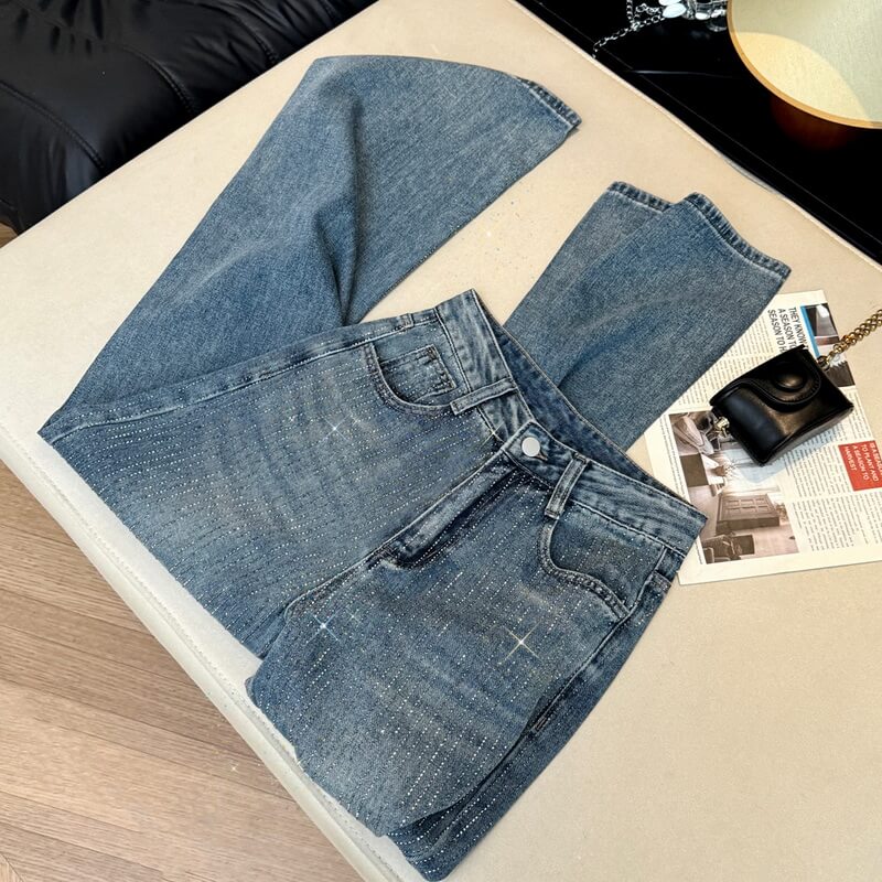 NURO Women's All-Over Rhinestone Jeans High Waist Wide Leg Sparkle Denim