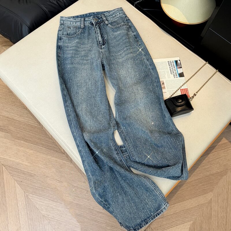 NURO Women's All-Over Rhinestone Jeans High Waist Wide Leg Sparkle Denim