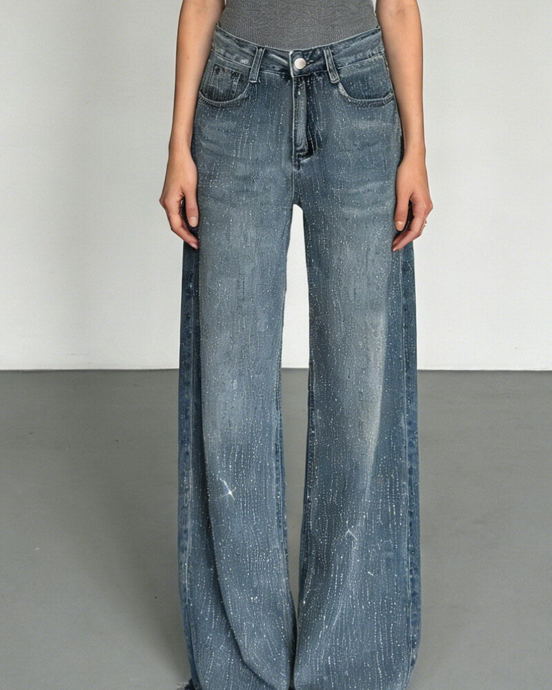 NURO Women's All-Over Rhinestone Jeans High Waist Wide Leg Sparkle Denim