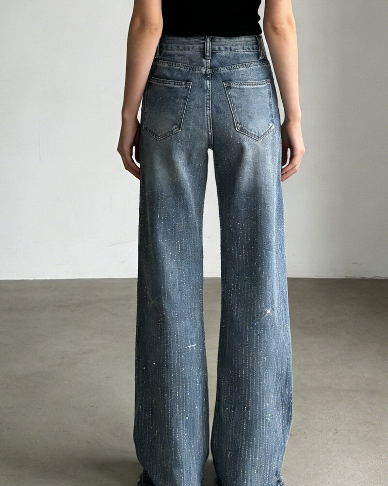 NURO Women's All-Over Rhinestone Jeans High Waist Wide Leg Sparkle Denim