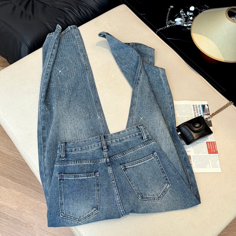 NURO Women's All-Over Rhinestone Jeans High Waist Wide Leg Sparkle Denim