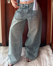 NURO Women's American Retro Rhinestone Jeans Wide Leg Embellished Denim