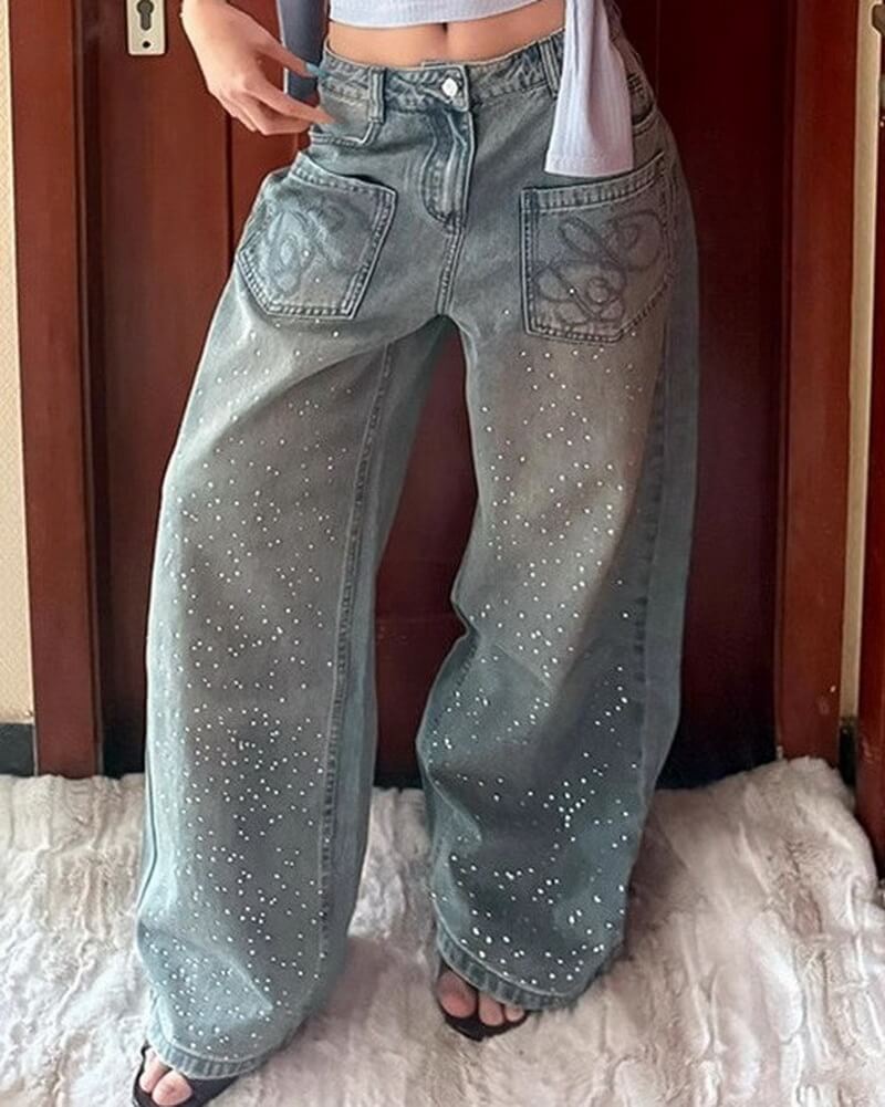 NURO Women's American Retro Rhinestone Jeans Wide Leg Embellished Denim