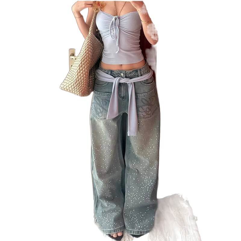 NURO Women's American Retro Rhinestone Jeans Wide Leg Embellished Denim