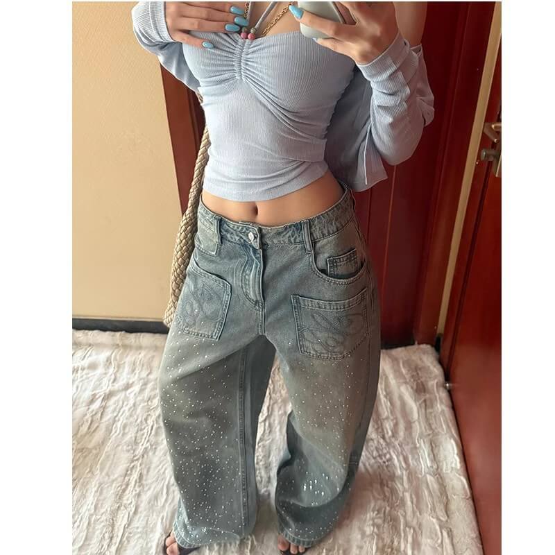 NURO Women's American Retro Rhinestone Jeans Wide Leg Embellished Denim