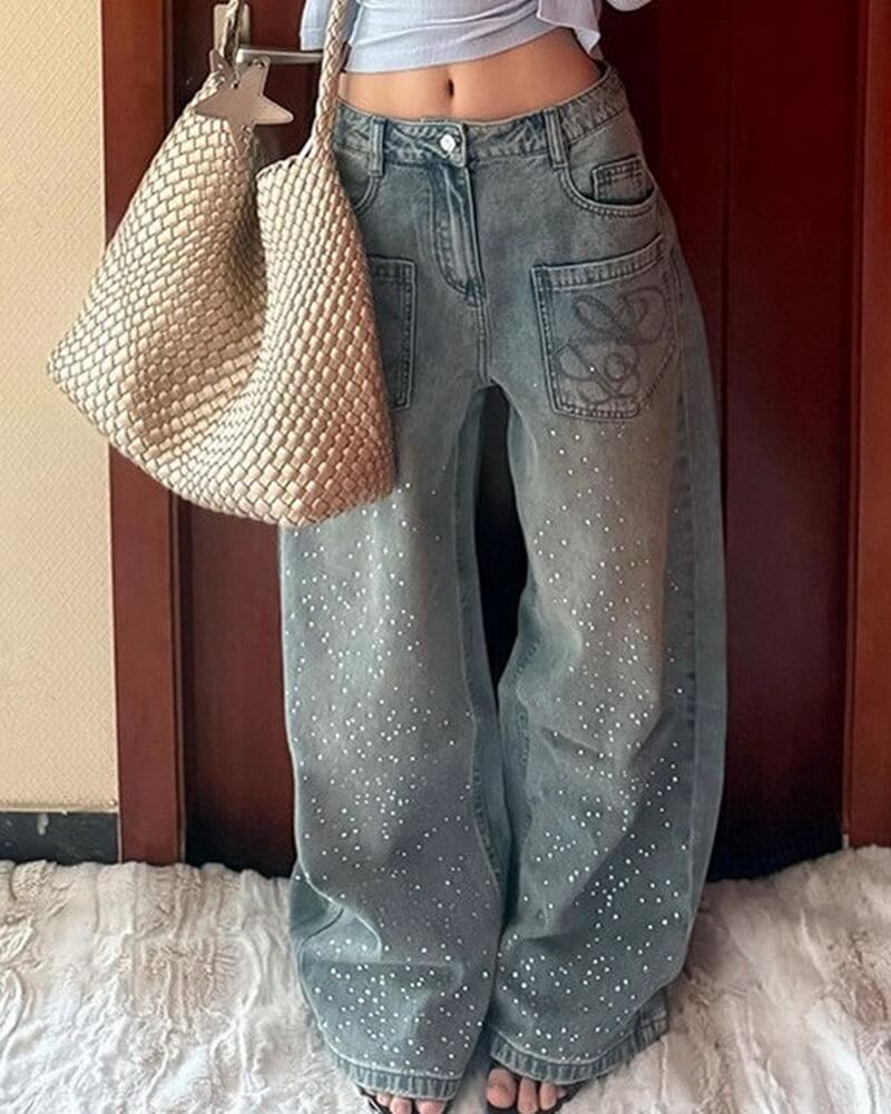 NURO Women's American Retro Rhinestone Jeans Wide Leg Embellished Denim