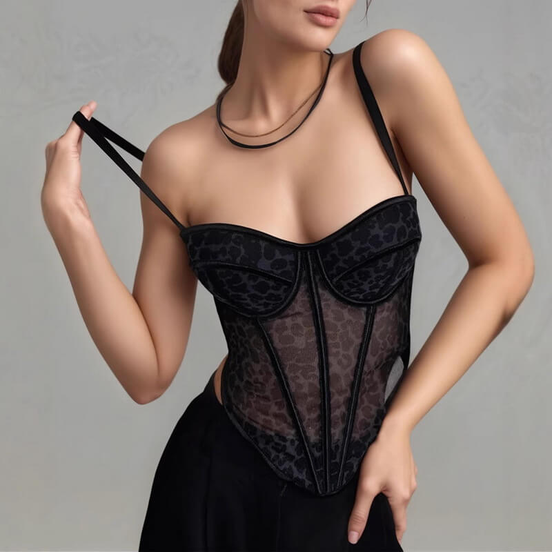 NURO Women's Animal Print Boned Bustier Crop Top - Sheer Mesh Lace-Up Sexy Tube Corset