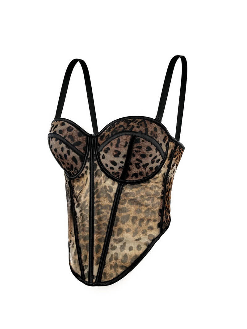 NURO Women's Animal Print Mesh Bustier Top - Chain Strap Corset Camisole with Removable Straps