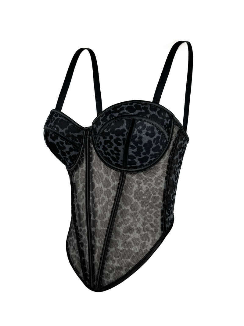 NURO Women's Animal Print Mesh Bustier Top - Chain Strap Corset Camisole with Removable Straps