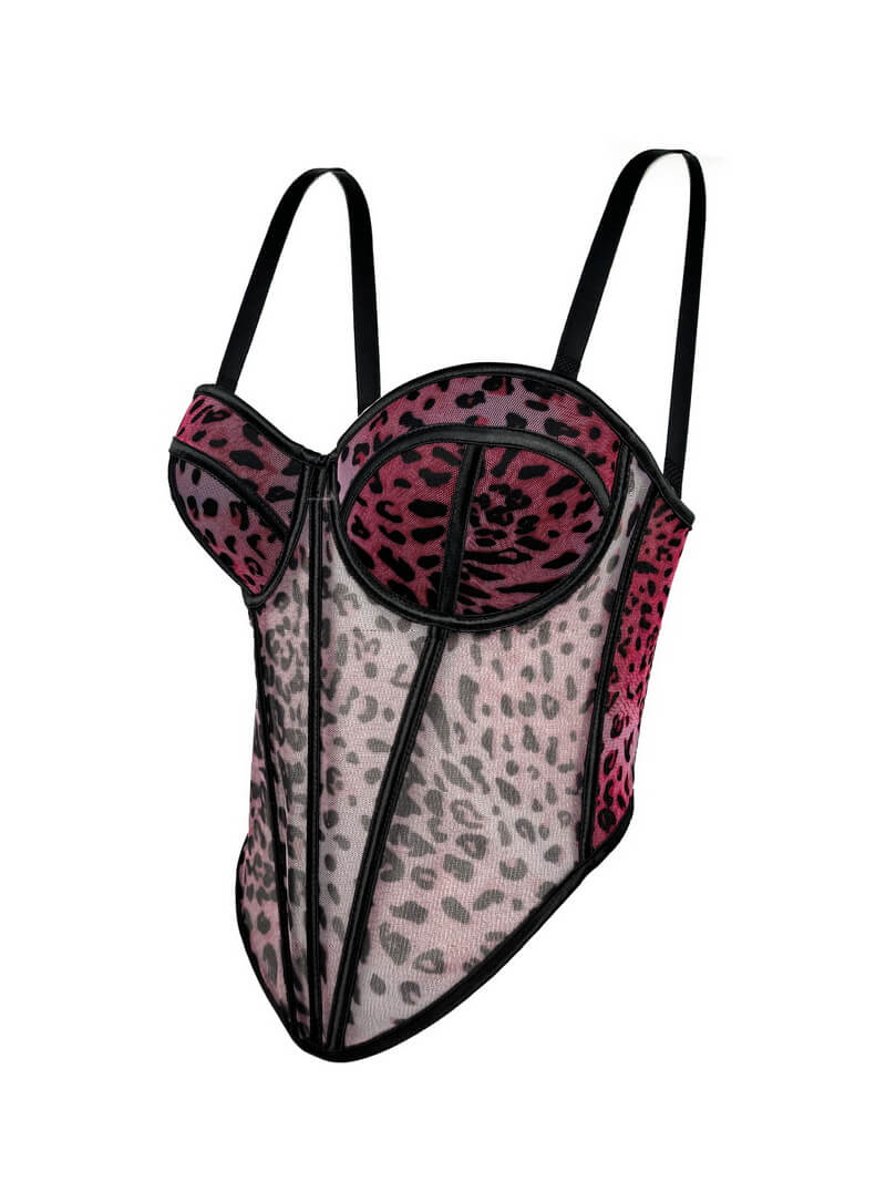 NURO Women's Animal Print Mesh Bustier Top - Chain Strap Corset Camisole with Removable Straps