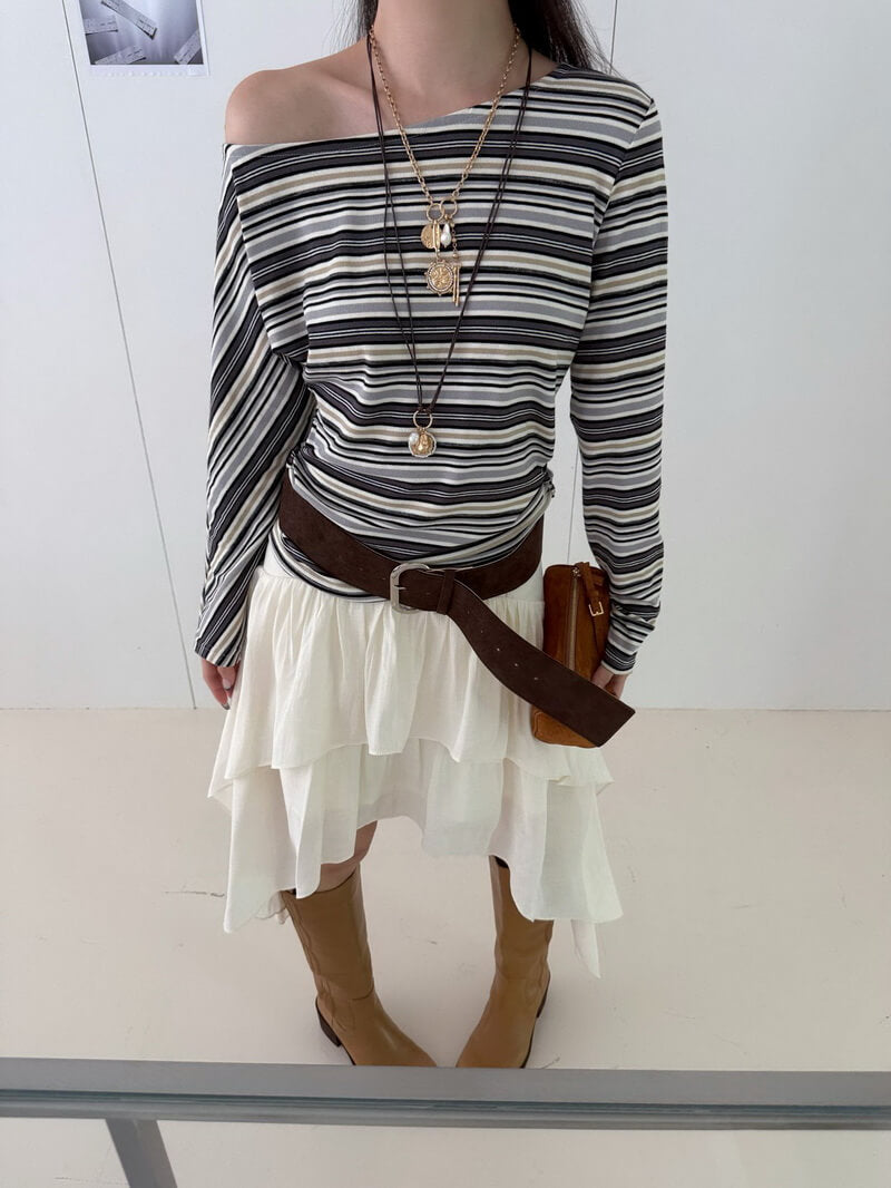 NURO Women's Asymmetric Hem Skirt, Double Layer Wave Design Midi Skirt with Tie Front, Wrinkle-Free Streetwear Skirt in White