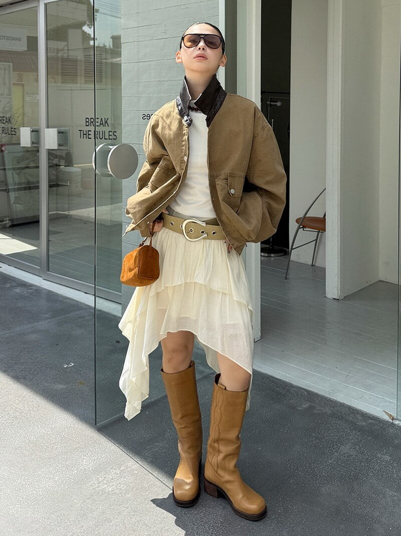 NURO Women's Asymmetric Hem Skirt, Double Layer Wave Design Midi Skirt with Tie Front, Wrinkle-Free Streetwear Skirt in White