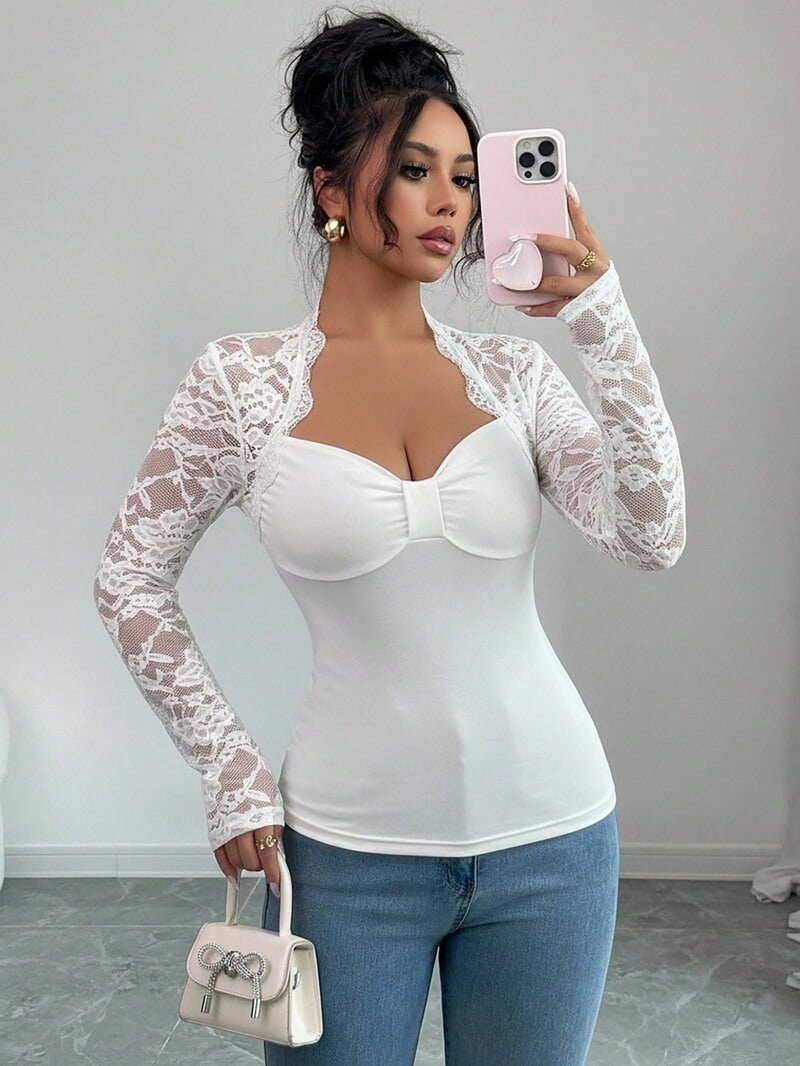 NURO Women's Asymmetric Lace Long Sleeve Top - Knit, Fitted, Cutout Detail, Elegant Blouse