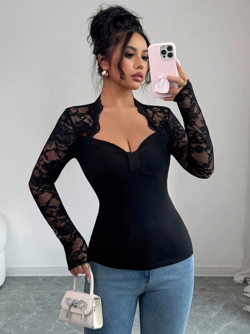 NURO Women's Asymmetric Lace Long Sleeve Top - Knit, Fitted, Cutout Detail, Elegant Blouse