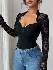 NURO Women's Asymmetric Lace Long Sleeve Top - Knit, Fitted, Cutout Detail, Elegant Blouse