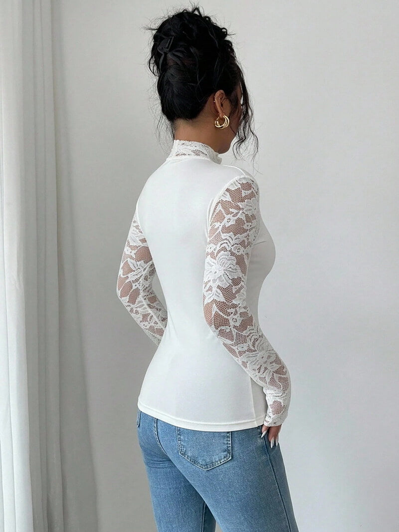 NURO Women's Asymmetric Lace Long Sleeve Top - Knit, Fitted, Cutout Detail, Elegant Blouse