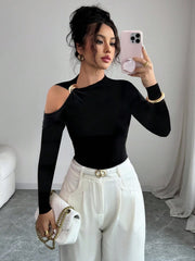 NURO Women's Asymmetric Neckline Long Sleeve Top - One Shoulder, Cutout, Bodycon, Elegant Blouse