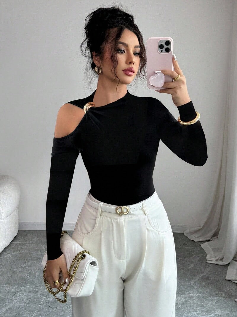 NURO Women's Asymmetric Neckline Long Sleeve Top - One Shoulder, Cutout, Bodycon, Elegant Blouse