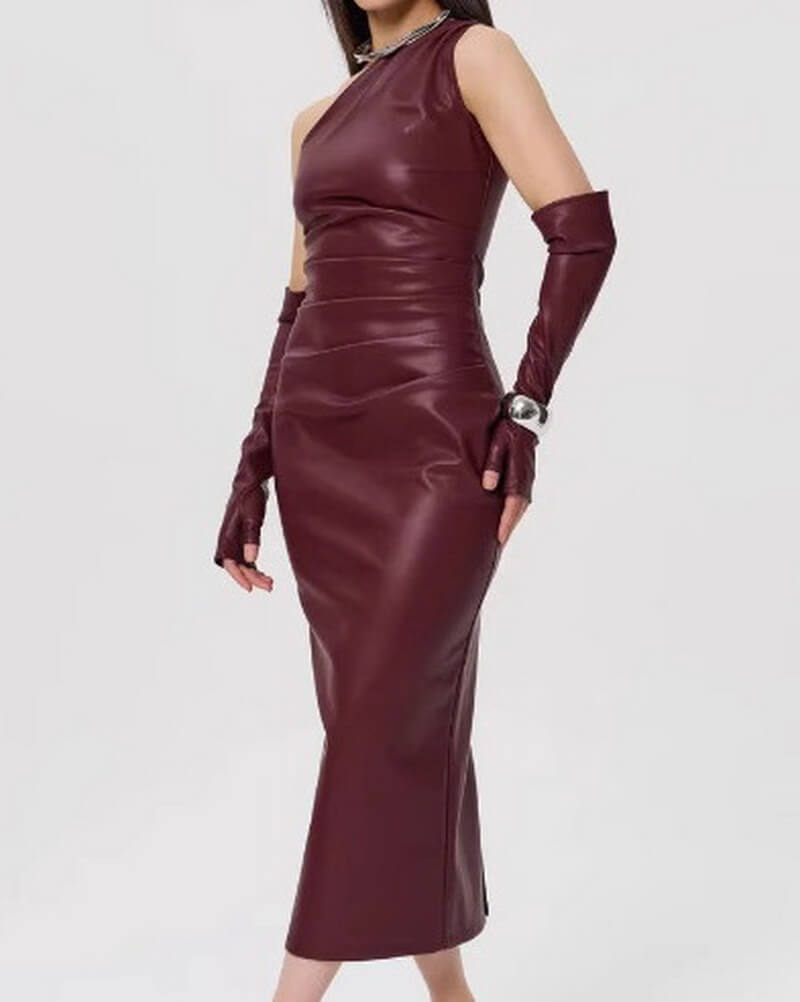 NURO Women's Asymmetric PU Leather Bodycon Dress - Sleeveless Midi Dress with Slit Detail, Sexy Evening and Nightclub Gown