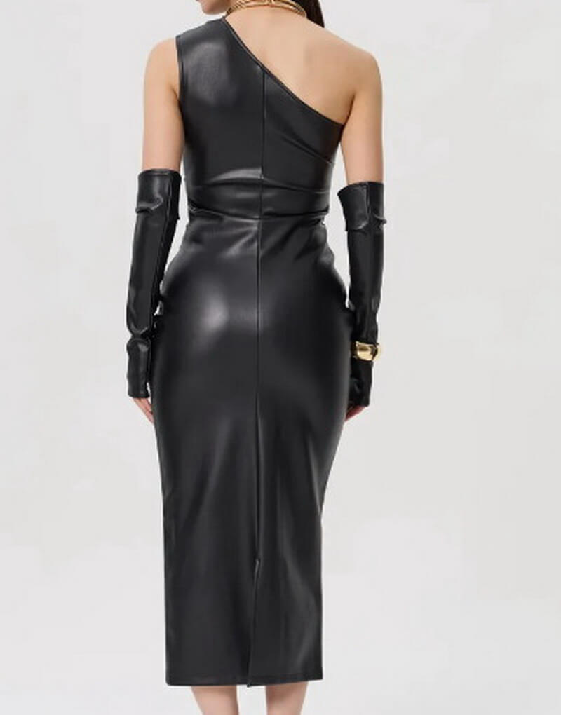 NURO Women's Asymmetric PU Leather Bodycon Dress - Sleeveless Midi Dress with Slit Detail, Sexy Evening and Nightclub Gown