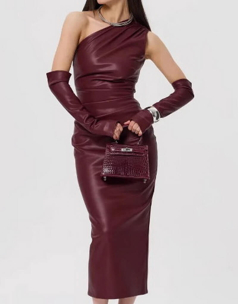 NURO Women's Asymmetric PU Leather Bodycon Dress - Sleeveless Midi Dress with Slit Detail, Sexy Evening and Nightclub Gown