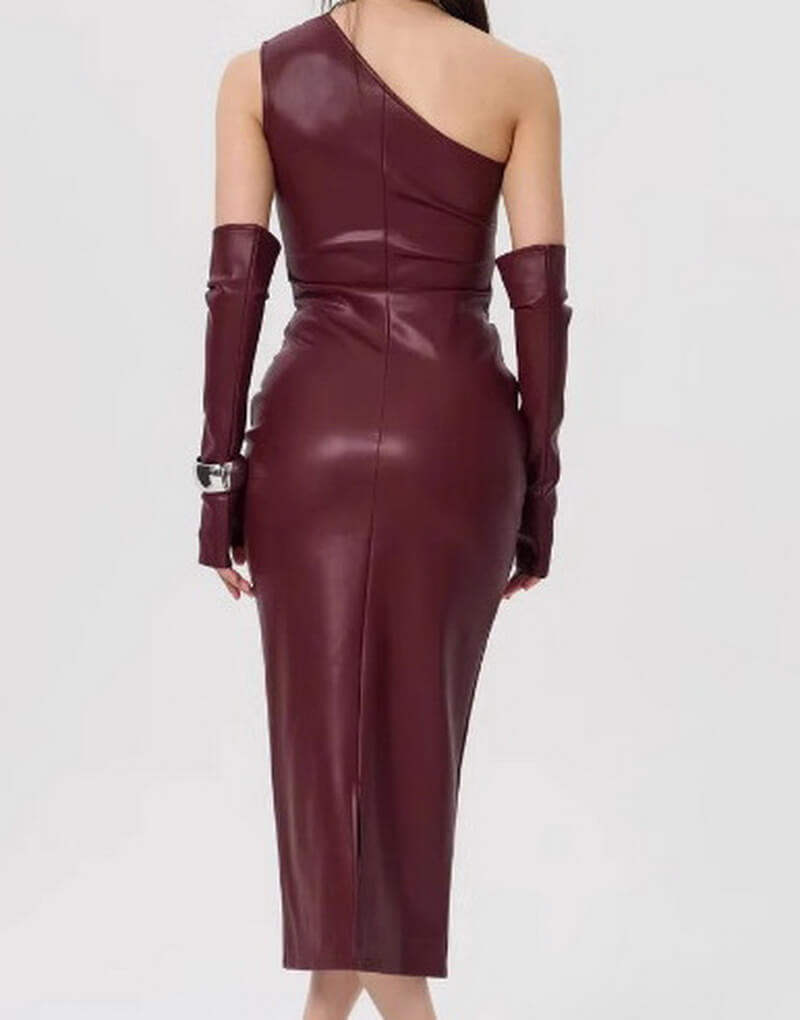 NURO Women's Asymmetric PU Leather Bodycon Dress - Sleeveless Midi Dress with Slit Detail, Sexy Evening and Nightclub Gown