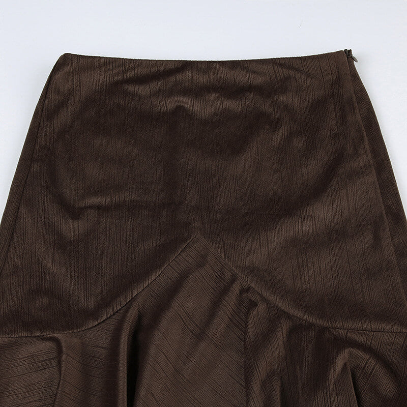 NURO Women's Asymmetrical A-Line Midi Skirt | Retro Brown Tiered Hem Skirt | Fall Winter Stretchy Knit Long Skirt