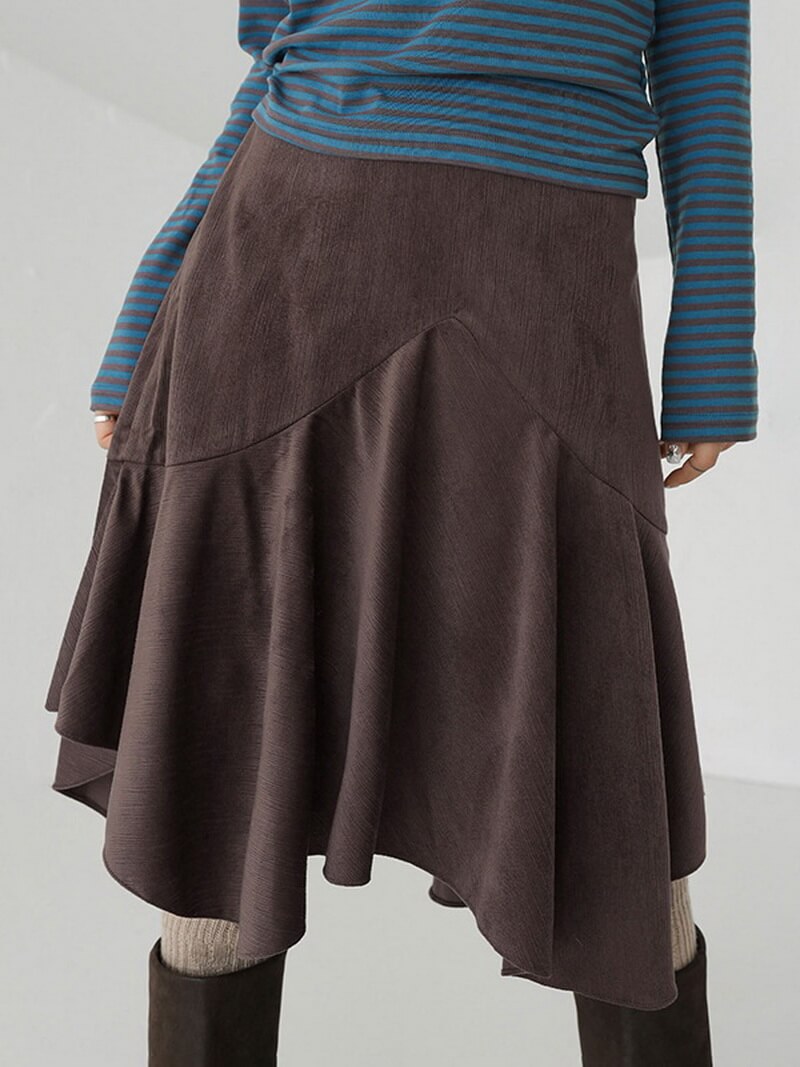 NURO Women's Asymmetrical A-Line Midi Skirt | Retro Brown Tiered Hem Skirt | Fall Winter Stretchy Knit Long Skirt