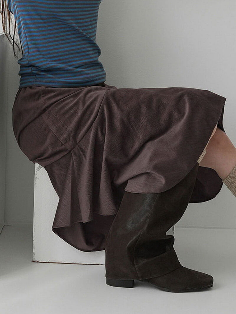 NURO Women's Asymmetrical A-Line Midi Skirt | Retro Brown Tiered Hem Skirt | Fall Winter Stretchy Knit Long Skirt