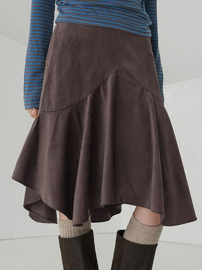 NURO Women's Asymmetrical A-Line Midi Skirt | Retro Brown Tiered Hem Skirt | Fall Winter Stretchy Knit Long Skirt