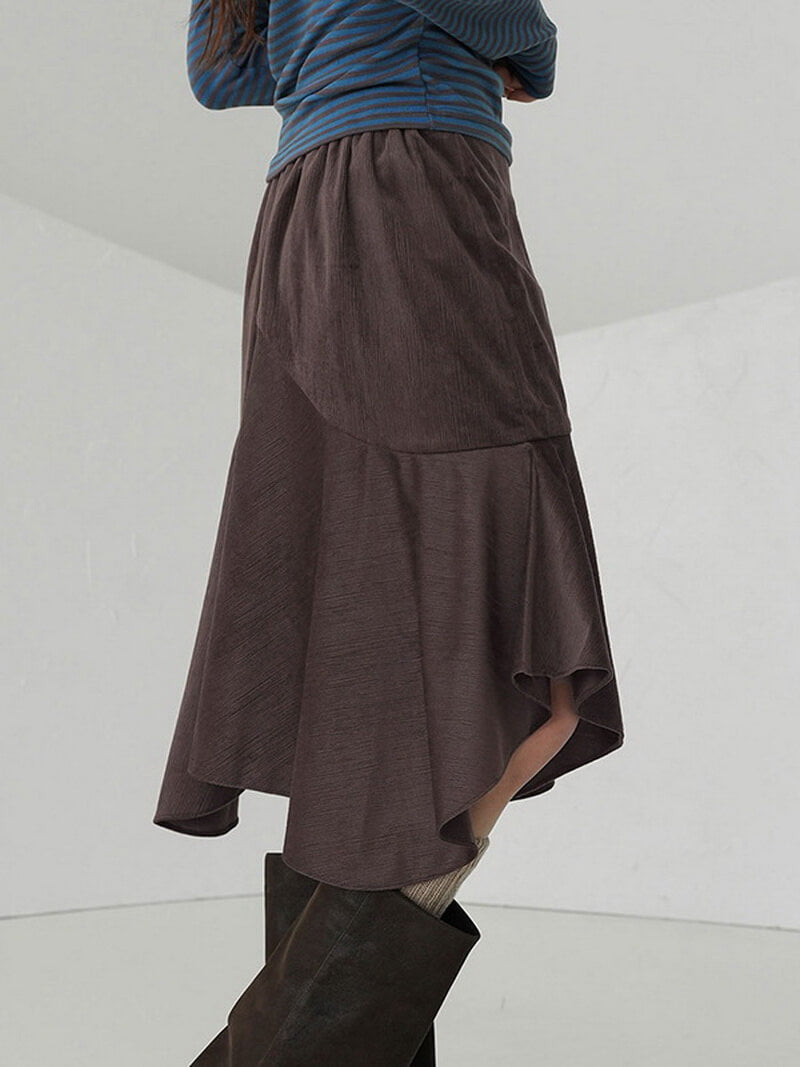 NURO Women's Asymmetrical A-Line Midi Skirt | Retro Brown Tiered Hem Skirt | Fall Winter Stretchy Knit Long Skirt