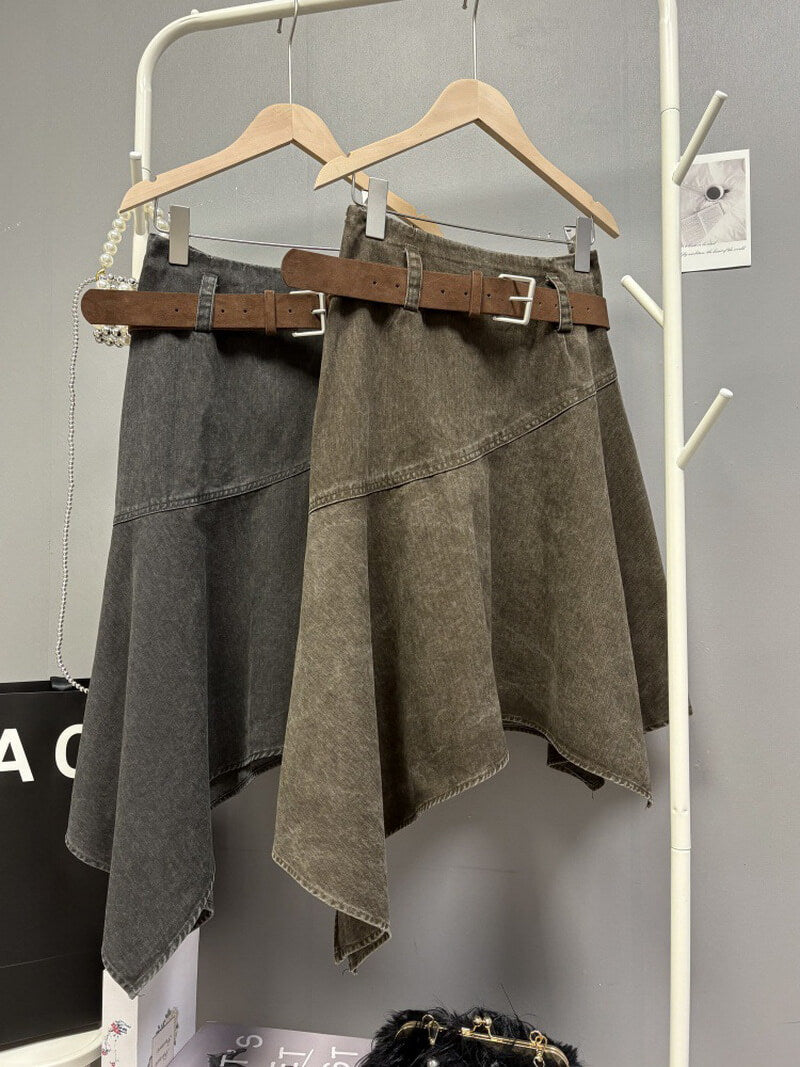 NURO Women's Asymmetrical Hem Denim Midi Skirt, Stretch Fit Retro Style Skirt