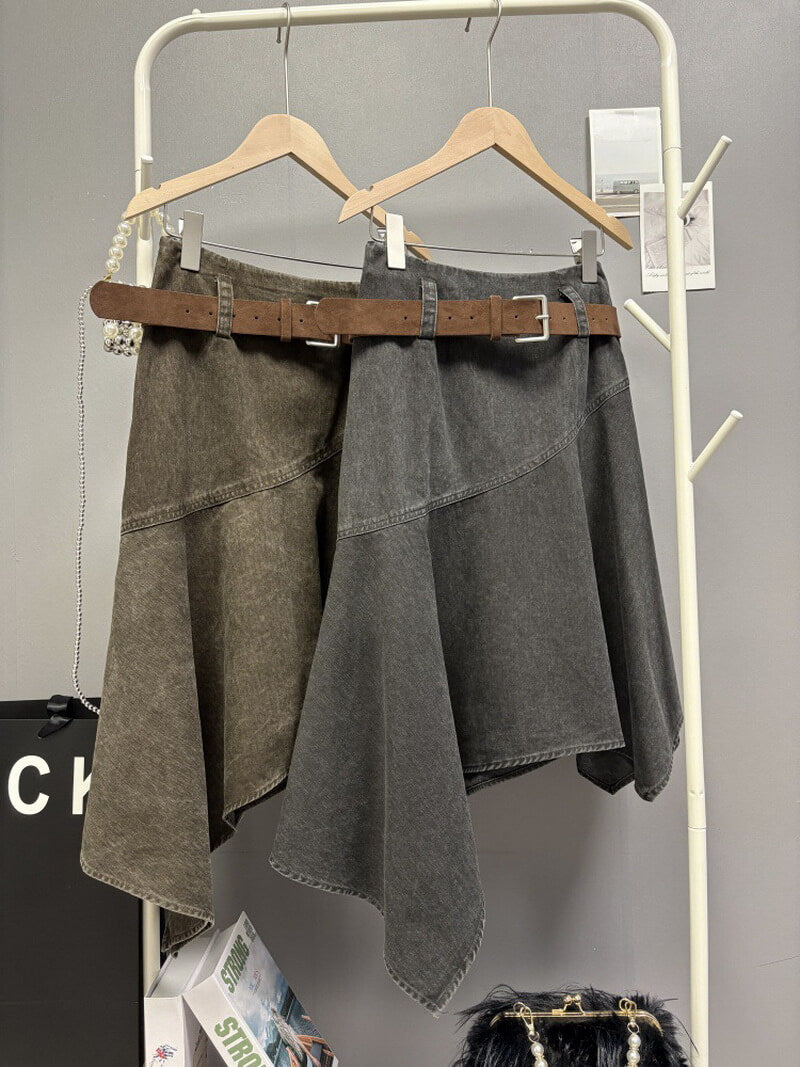 NURO Women's Asymmetrical Hem Denim Midi Skirt, Stretch Fit Retro Style Skirt