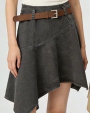 NURO Women's Asymmetrical Hem Denim Midi Skirt, Stretch Fit Retro Style Skirt
