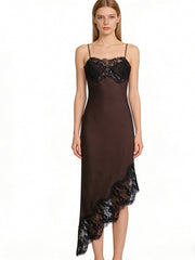 NURO Women's Asymmetrical Hem Lace Trim Slip Dress