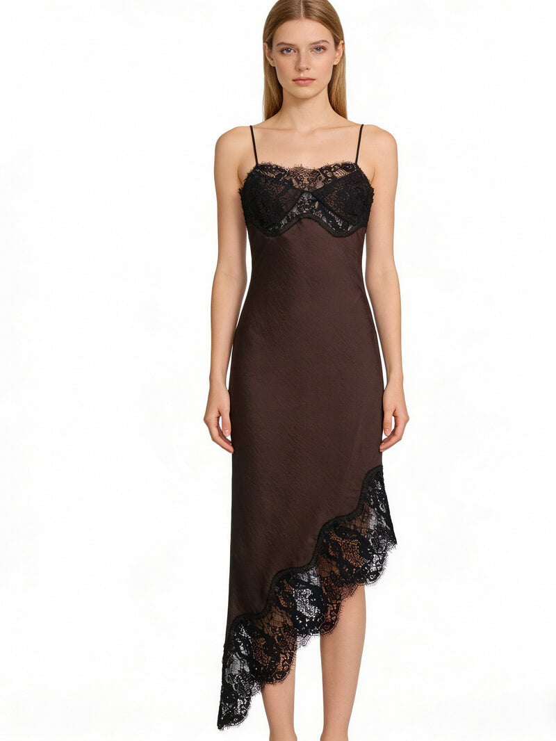 NURO Women's Asymmetrical Hem Lace Trim Slip Dress