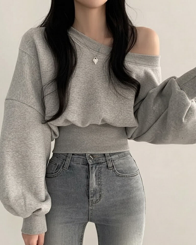 NURO Women's Asymmetrical Neck Long Sleeve Top | Knit Sweater with Splicing Detail | Figure-Flattering Casual Pullover