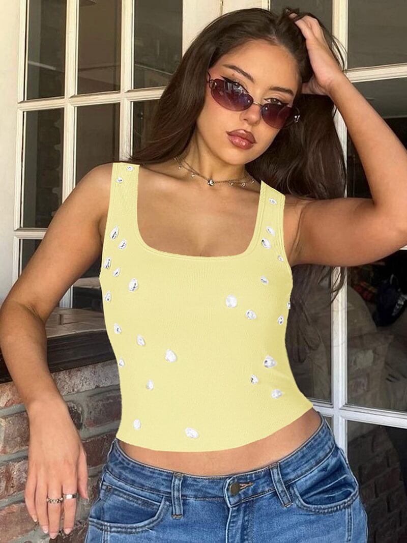 NURO Women's Beaded U-Neck Crop Top, Sexy Sleeveless Bustier for Summer