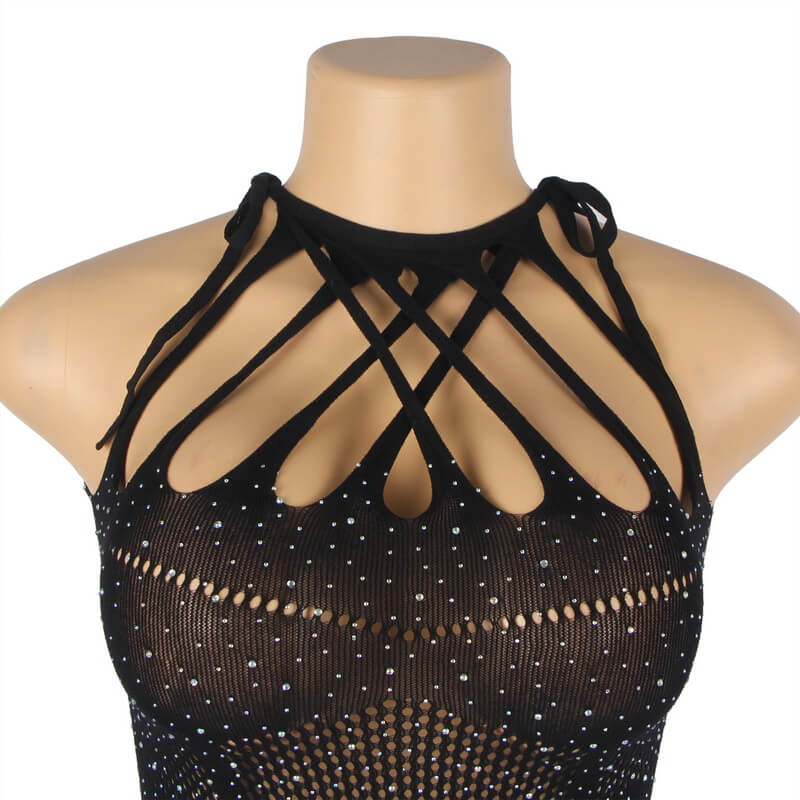 NURO Women's Black Sequin Fishnet Bodysuit with Sheer Mesh