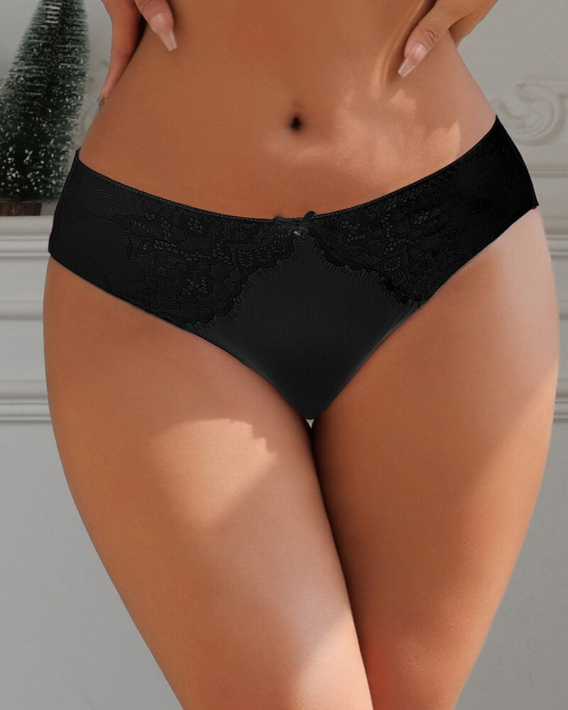 NURO Women's Black Striped Lace Bow Panties