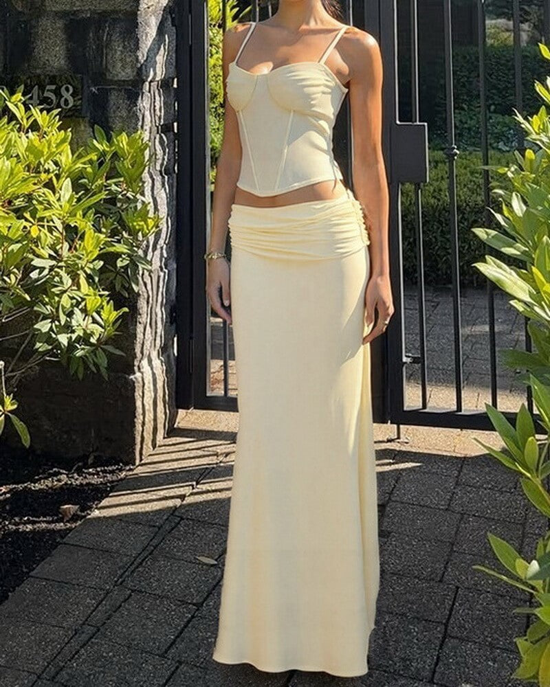 NURO Women's Boned Waist Camisole & Ruffle Maxi Skirt Set