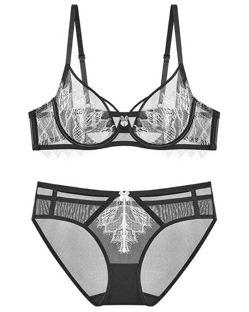 NURO Women's Bow Front Lace Underwire Minimizer Bra Set