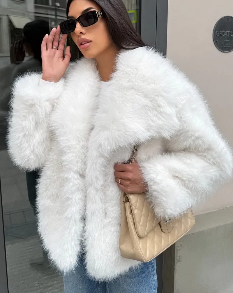 NURO Women's British Style Faux Fur Coat – Mid-Length Trench with Large Lapel and Pockets