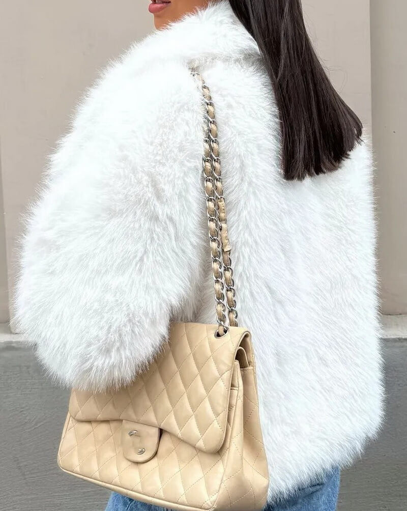 NURO Women's British Style Faux Fur Coat – Mid-Length Trench with Large Lapel and Pockets