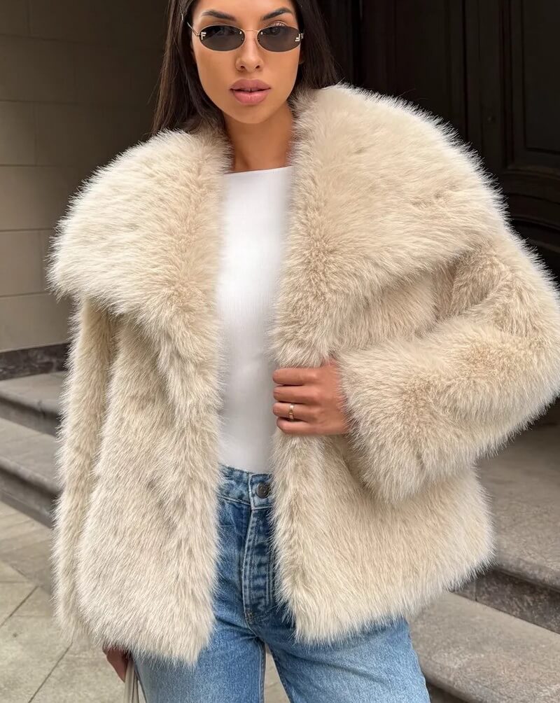 NURO Women's British Style Faux Fur Coat – Mid-Length Trench with Large Lapel and Pockets