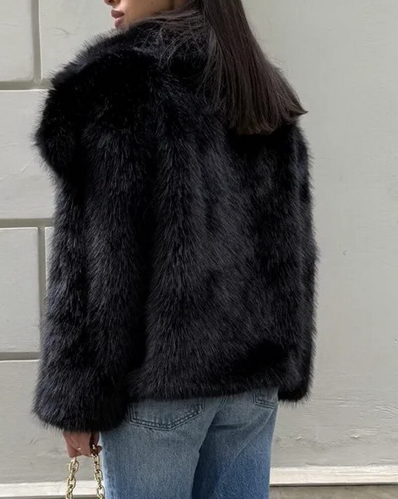 NURO Women's British Style Faux Fur Coat – Mid-Length Trench with Large Lapel and Pockets