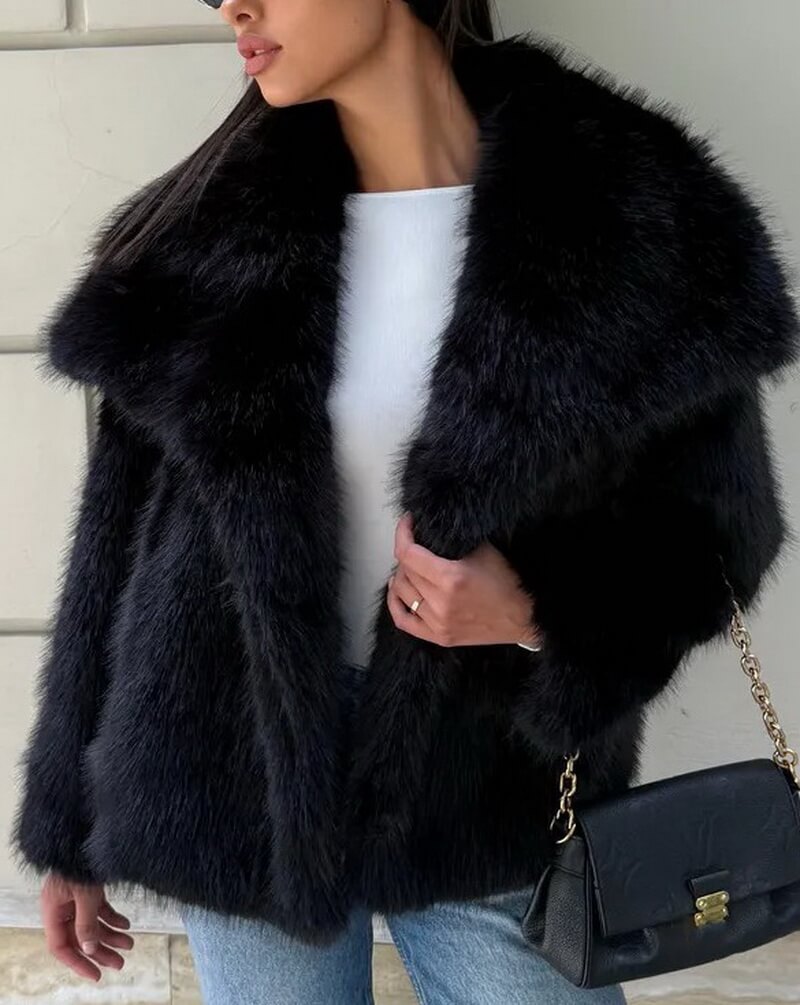 NURO Women's British Style Faux Fur Coat – Mid-Length Trench with Large Lapel and Pockets