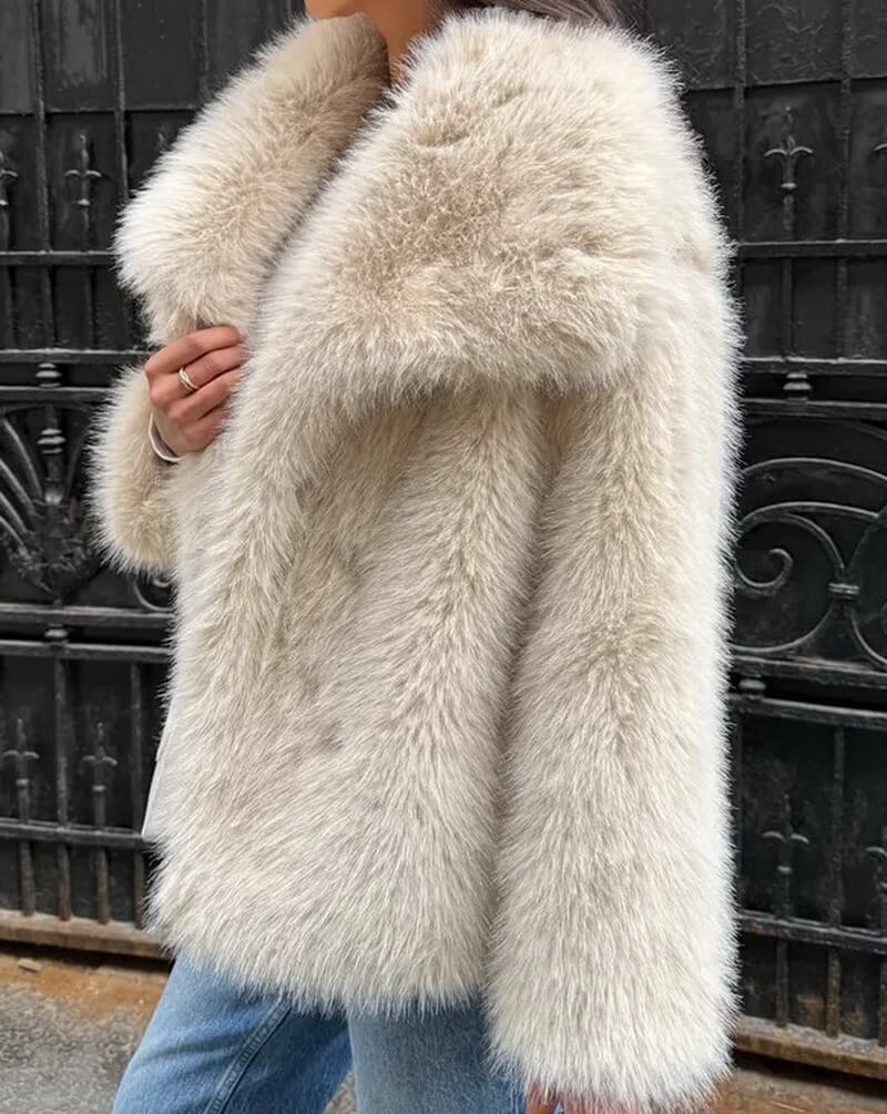 NURO Women's British Style Faux Fur Coat – Mid-Length Trench with Large Lapel and Pockets