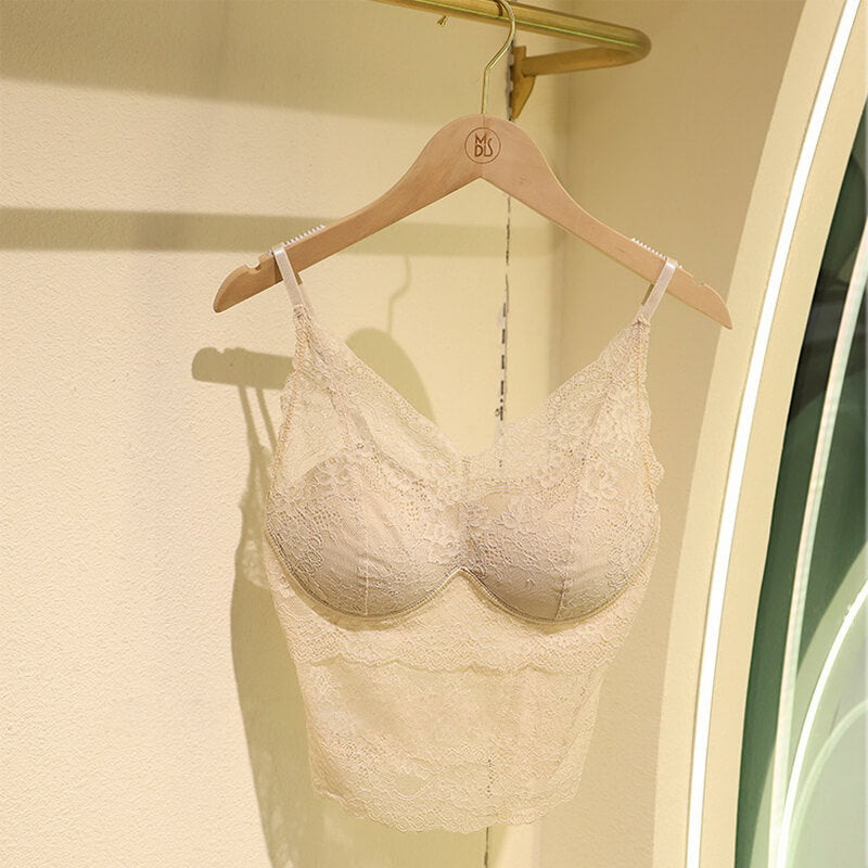 NURO Women's Built-In Bra Cami Top, Lace Trim French Style Bralette